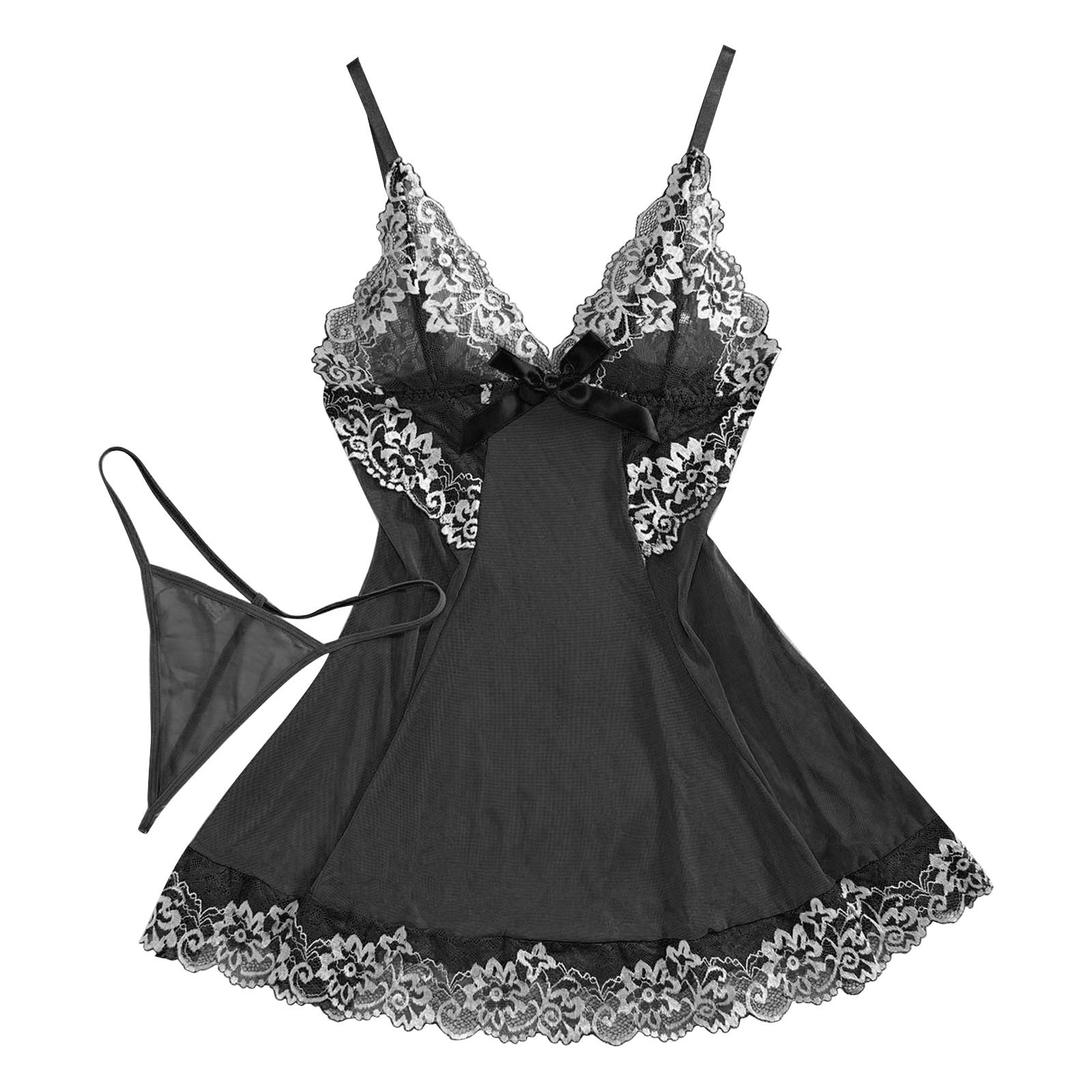 thumbnail image 2 of Body sexy de encaje para mujer con liguero - Conjunto de camisón de malla transparente, lencería de poliéster y spandex para ocasiones especiales, 2 of 5